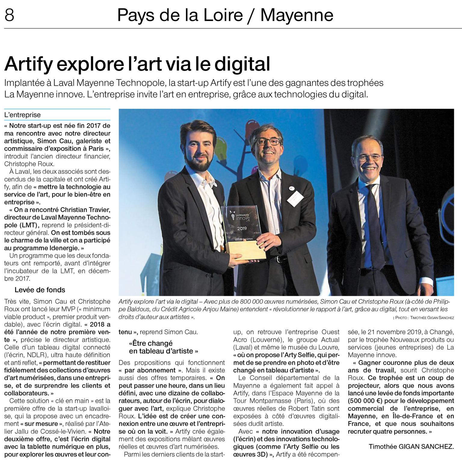 Artify - Article mettant en avant la remise du prix innovation La Mayenne Innove du Crédit Agricole Anjou Maine